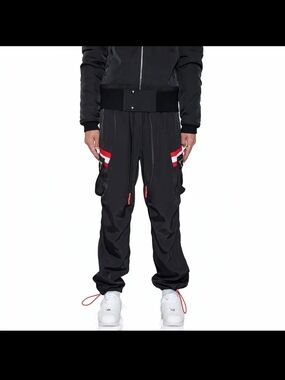 Black Cargo Pants with Red and White Stripe Accents